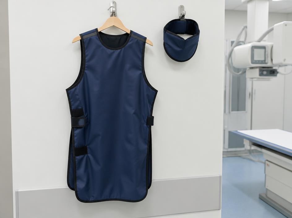 Protective apron and thyroid shield in a radiology room